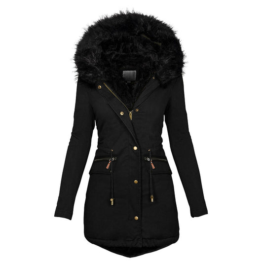 Women’s Plush Hooded Parka – Thick Winter Zip-Up Coat with Buckle & Pockets (Mid-Length)