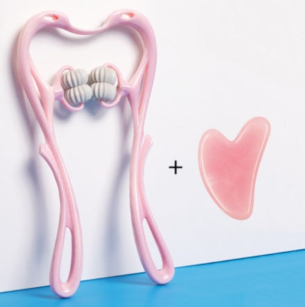 6-Roller Manual Neck Massager – Six-Wheel Deep Tissue Roller with Natural Stone Scraper