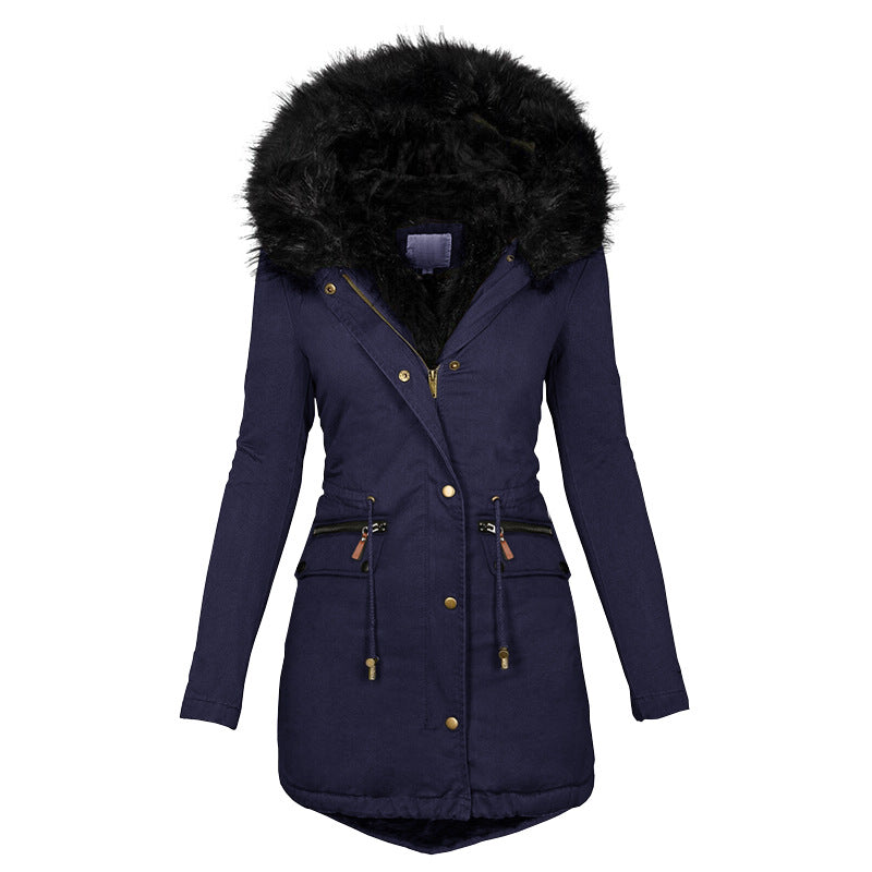 Women’s Plush Hooded Parka – Thick Winter Zip-Up Coat with Buckle & Pockets (Mid-Length)