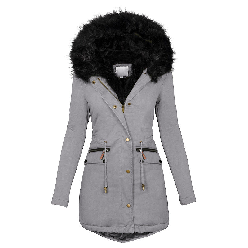 Women’s Plush Hooded Parka – Thick Winter Zip-Up Coat with Buckle & Pockets (Mid-Length)