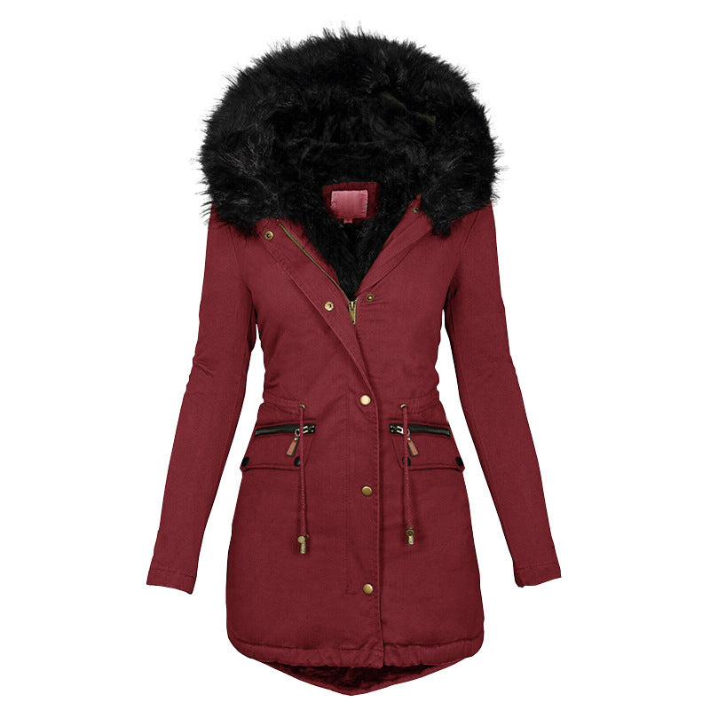 Women’s Plush Hooded Parka – Thick Winter Zip-Up Coat with Buckle & Pockets (Mid-Length)
