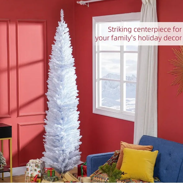 HOMCOM 8' Slim White Pencil Christmas Tree – 618 Tips, Realistic & Easy Setup
