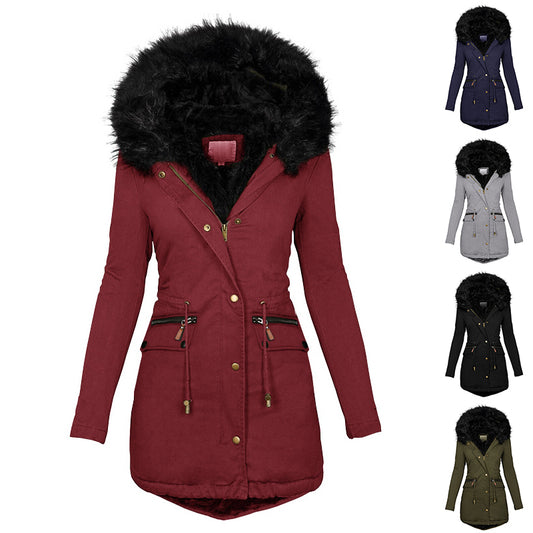 Women’s Plush Hooded Parka – Thick Winter Zip-Up Coat with Buckle & Pockets (Mid-Length)
