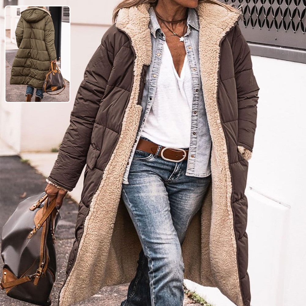 Women’s Solid Color Hooded Long Coat – Double-Sided Wear Winter Cardigan Jacket