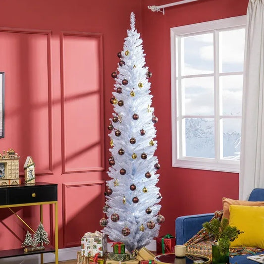 HOMCOM 8' Slim White Pencil Christmas Tree – 618 Tips, Realistic & Easy Setup