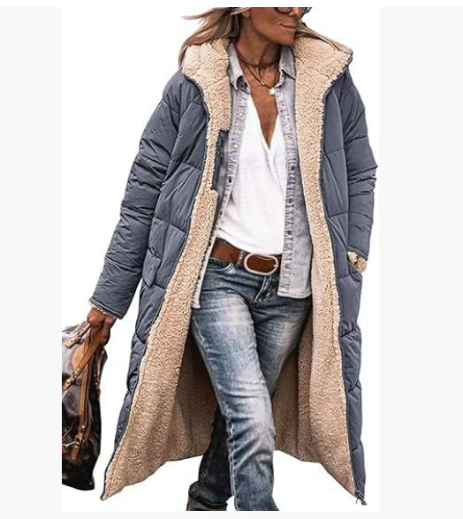 Women’s Solid Color Hooded Long Coat – Double-Sided Wear Winter Cardigan Jacket