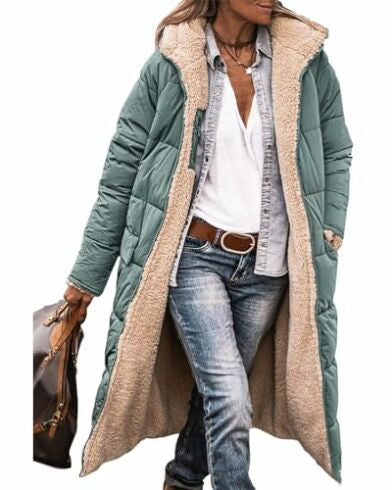 Women’s Solid Color Hooded Long Coat – Double-Sided Wear Winter Cardigan Jacket