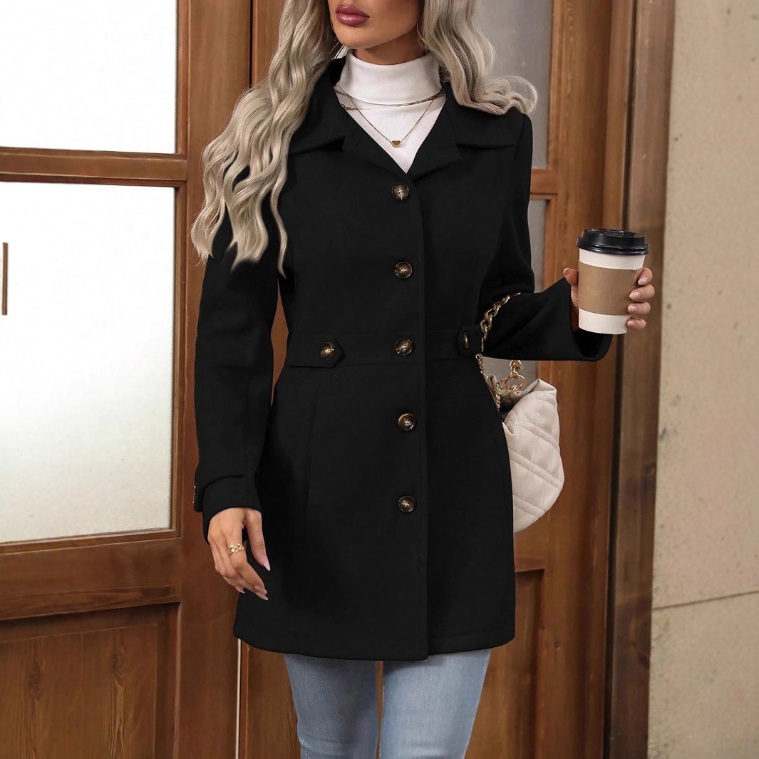 Women’s Elegant Single-Breasted Woolen Coat – Mid-Length Lapel Jacket for Commuting & Daily Wear