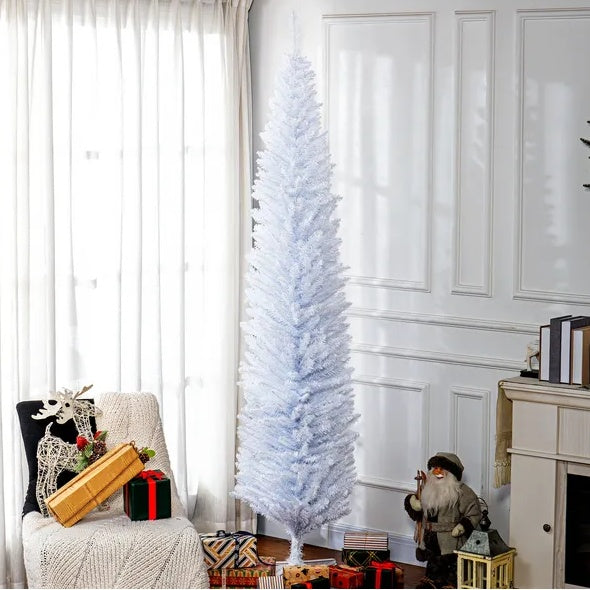 HOMCOM 8' Slim White Pencil Christmas Tree – 618 Tips, Realistic & Easy Setup